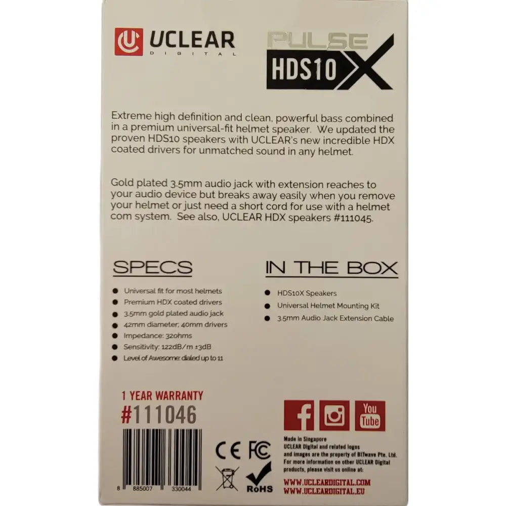 UCLEAR Hds10x Helmet Speakers 40mm Diameter 3.5mm Jack for Powersports
