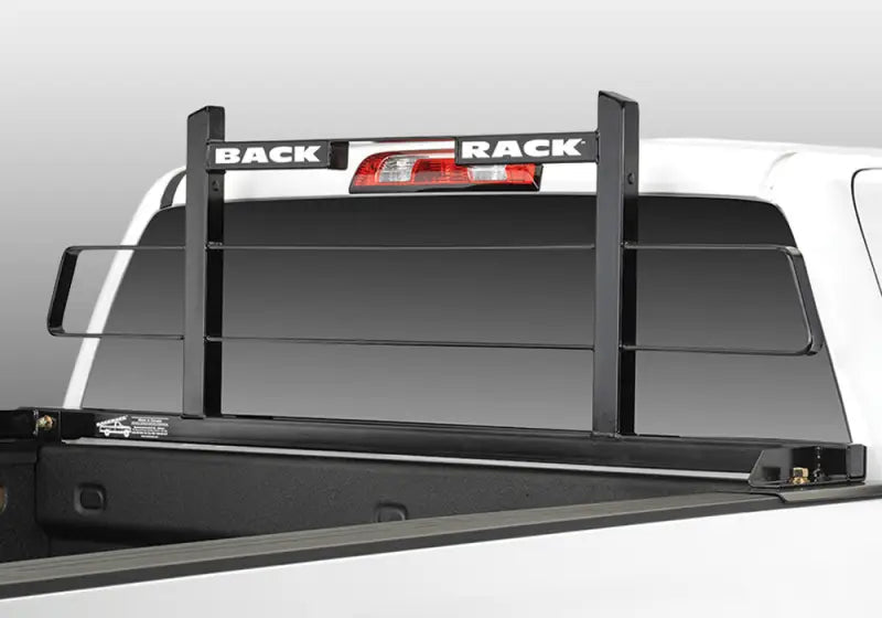 Headache Rack Frame Only; Horizontal Bar; Black Powder Coated Steel; Designed for Use with Tonneau Covers; BackRack Brand; Mounted on White Pickup Truck Bed.