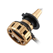 AlphaRex Gold Ammo Panoramic LED Headlight Bulb H11 with clear beam, 60W raw/52W effective, 5000 lumens raw/4250 lumens effective, 12000 RPM high-speed fan, gold anodized zinc alloy housing.