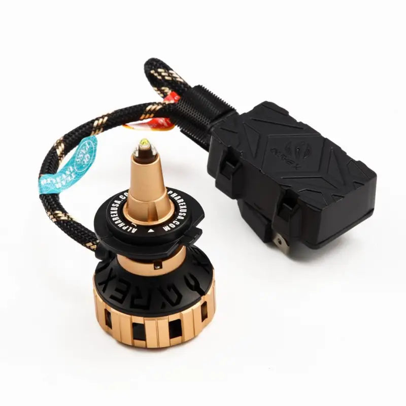 AlphaRex Gold Ammo Panoramic H11 LED Headlight Bulbs with Gold Anodized Zinc Alloy Housing, Clear Beam, and High-Speed Fan.