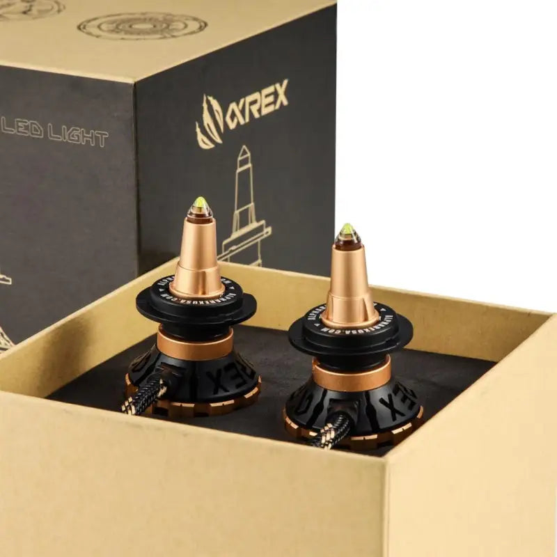 AlphaRex Gold Ammo Panoramic LED H11 Headlight Bulbs Set of 2 with 60W Raw/52W Effective, 5000 Lumens Raw/4250 Lumens Effective, 12000 RPM Fan, Gold Anodized Zinc Alloy Housing.