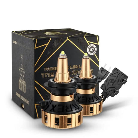 AlphaRex Ammo Panoramic LED Headlight Bulb H11, 60W Raw/52W Effective, 5000 Lumens Raw/4250 Lumens Effective, 12000 RPM High-Speed Fan, Gold Anodized Zinc Alloy Housing, Set of 2.