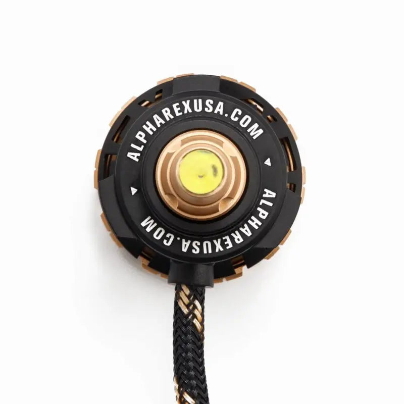 Alpharex Gold Ammo Panoramic LED H11 Headlight Bulb with 12000 RPM high-speed fan and gold anodized zinc alloy housing.