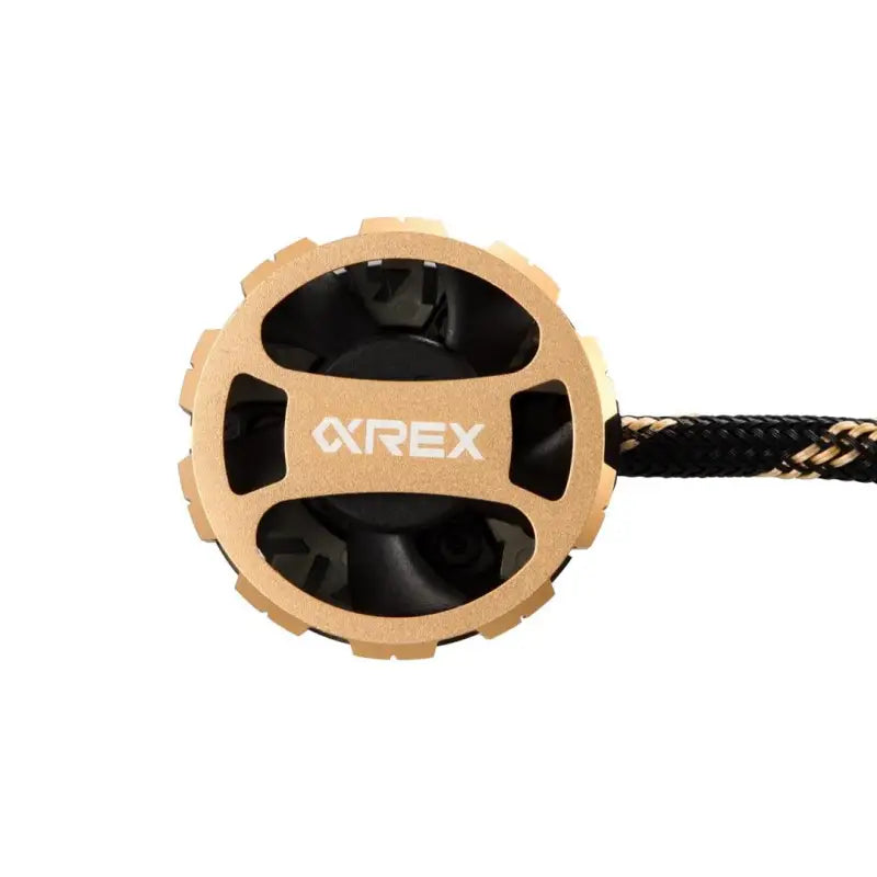 AlphaRex Ammo Panoramic H11 LED Headlight Bulb in gold anodized zinc alloy housing, featuring high-speed fan and braided wire.