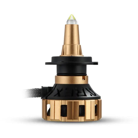 AlphaRex Gold Ammo Panoramic LED Headlight Bulb H11; 60 Watt Raw/ 52 Watt Effective; Clear Beam; 5000 Lumens Raw/ 4250 Lumens Effective; 12000 RPM High-Speed Fan; Gold Anodized Zinc Alloy Housing; Set Of 2.