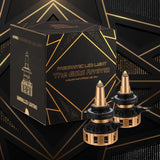 AlphaRex Headlight Bulb H11 Ammo Panoramic LED Bulb, 60W Raw, 52W Effective, Clear Beam, 5000 Lumens Raw, 4250 Lumens Effective, 12000 RPM High-Speed Fan, Gold Anodized Zinc Alloy Housing, Set of 2.