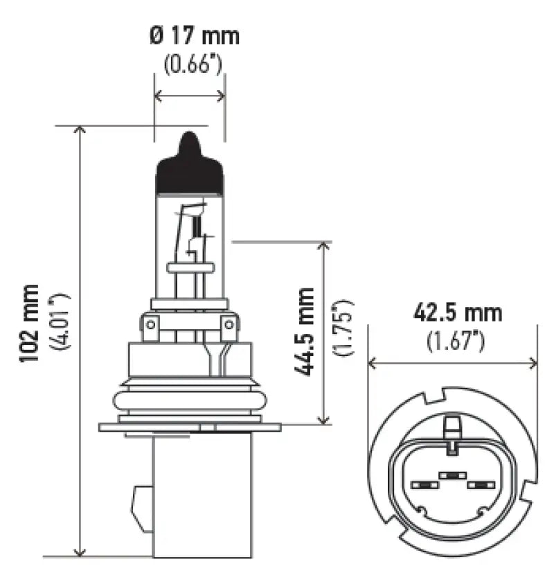 Dimensional drawing of Hella 9007 HB5 12V 55W halogen bulb PX29t for car headlights