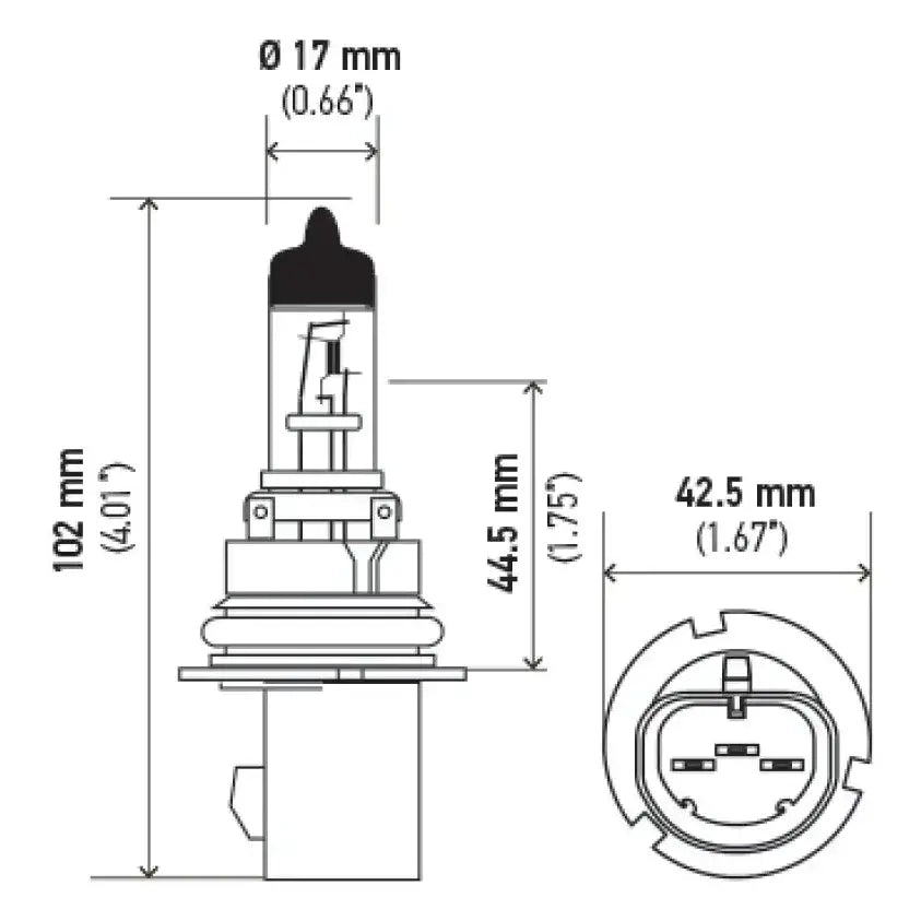 Dimensional drawing of Hella 9007 HB5 12V 55W halogen bulb PX29t for car headlights