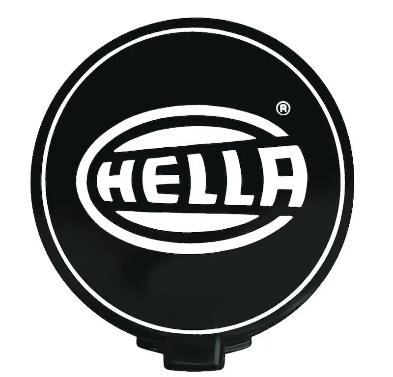 Black round Hella Cap spot light 9HD with white logo for better visibility