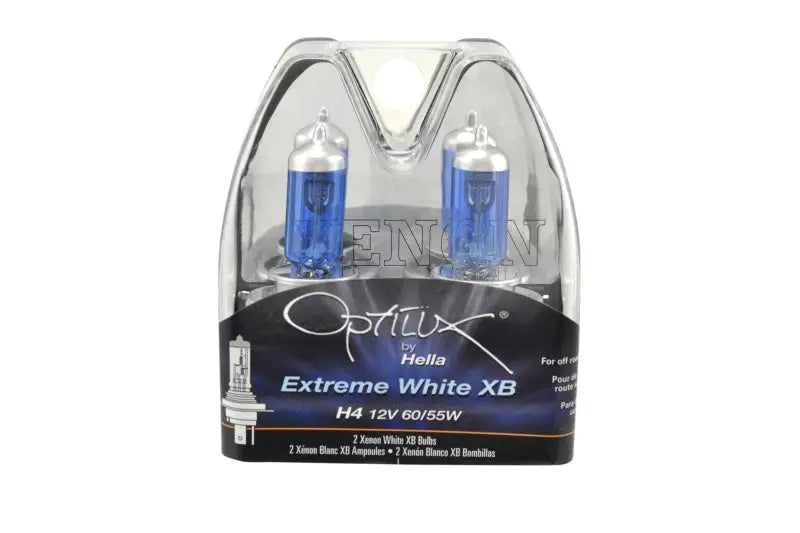 Two blue-tinted Optilux Extreme White XB H4 12V 60/55W light bulbs in clear packaging.