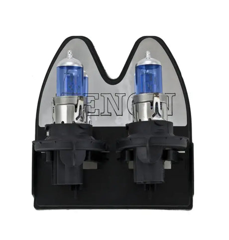 Blue-tinted halogen headlight bulbs showing Hella Optilux H13 xenon white bulbs