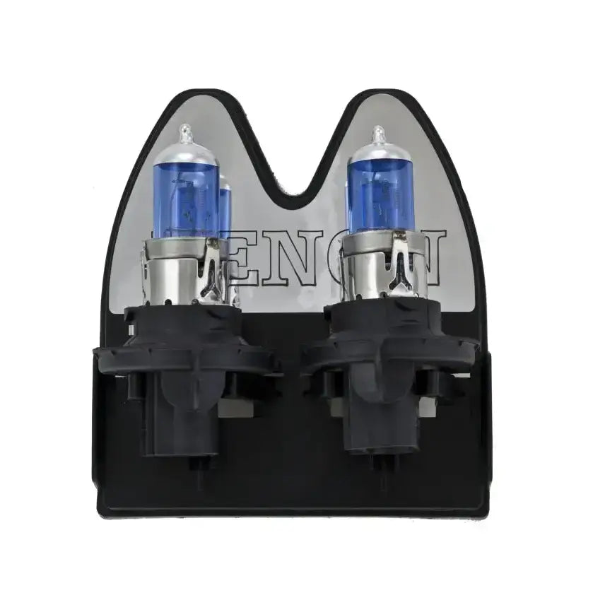 Blue-tinted halogen headlight bulbs showing Hella Optilux H13 xenon white bulbs
