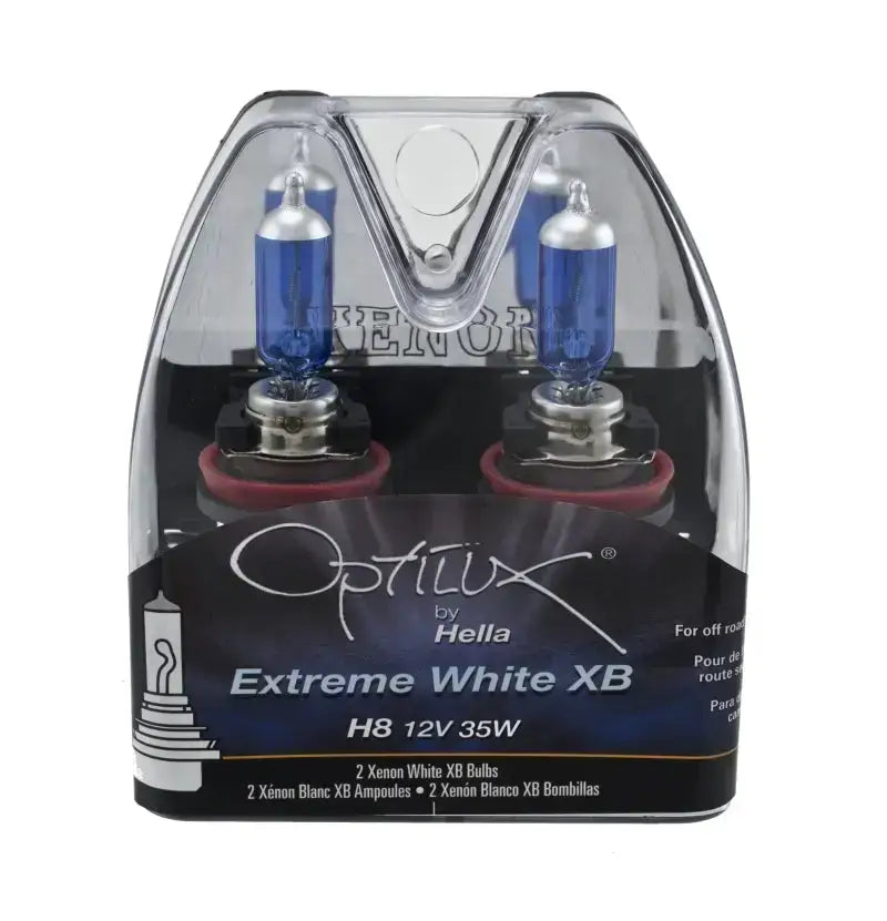Two blue-tinted Optilux Extreme White XB headlight bulbs in packaging.