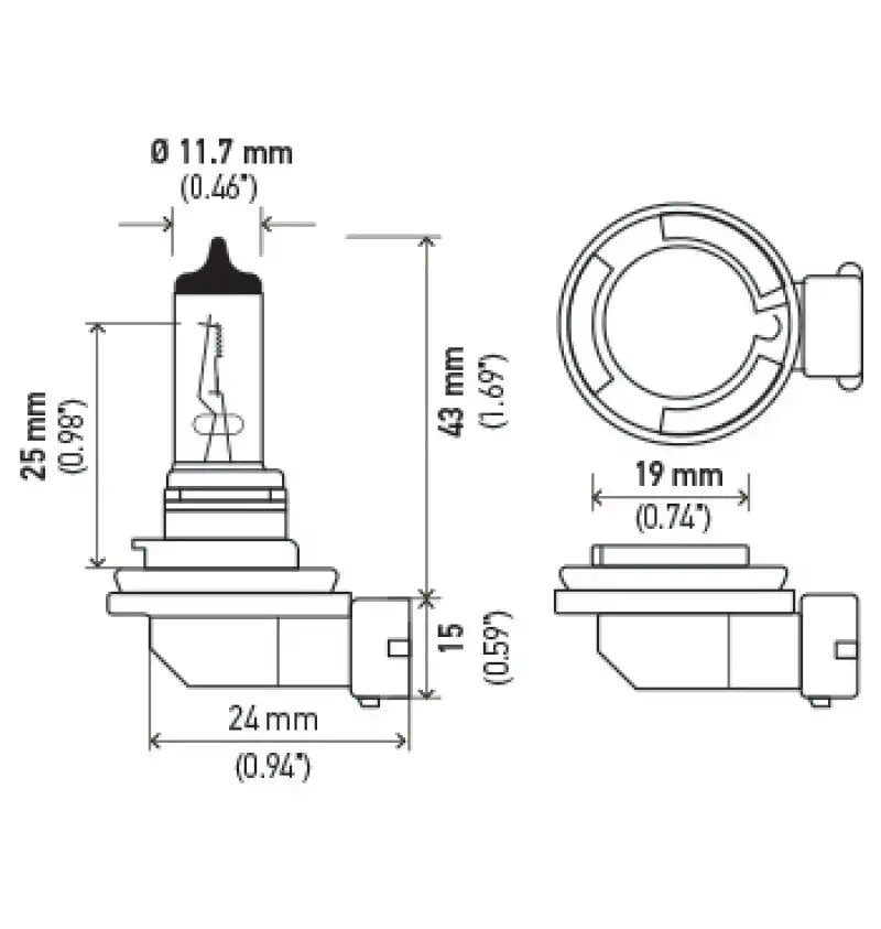 Halogen bulb dimensions for Hella Optilux H8 12V 55W XB Xenon White Bulb pair