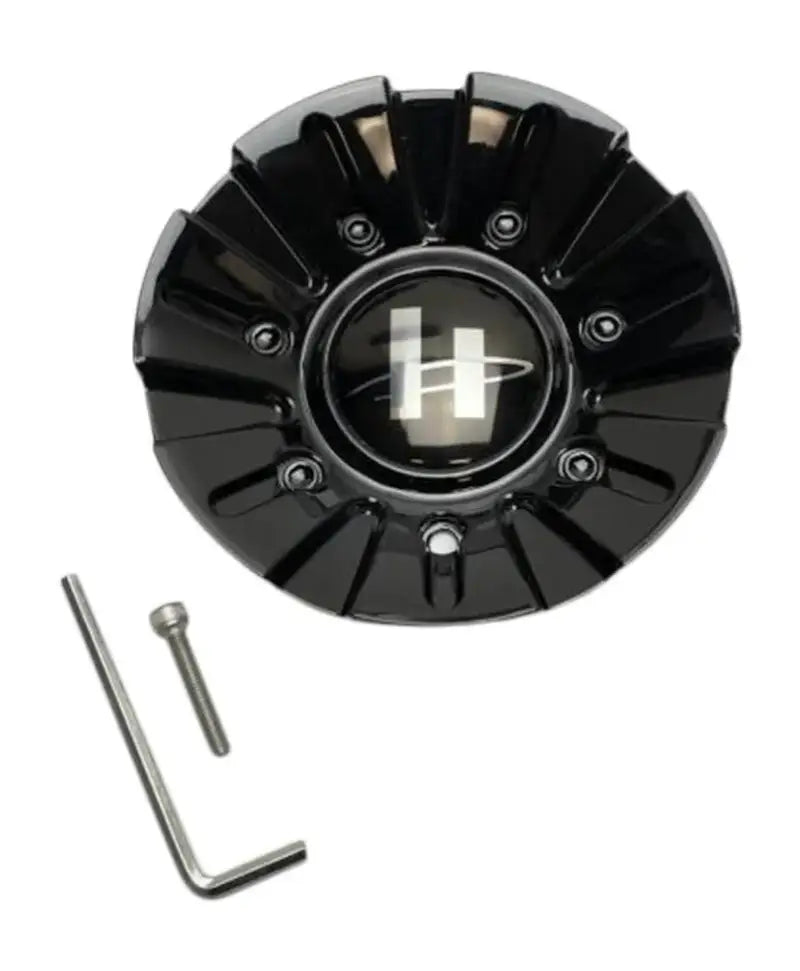 Gloss black Helo wheel cap with black and silver hubcap and white logo