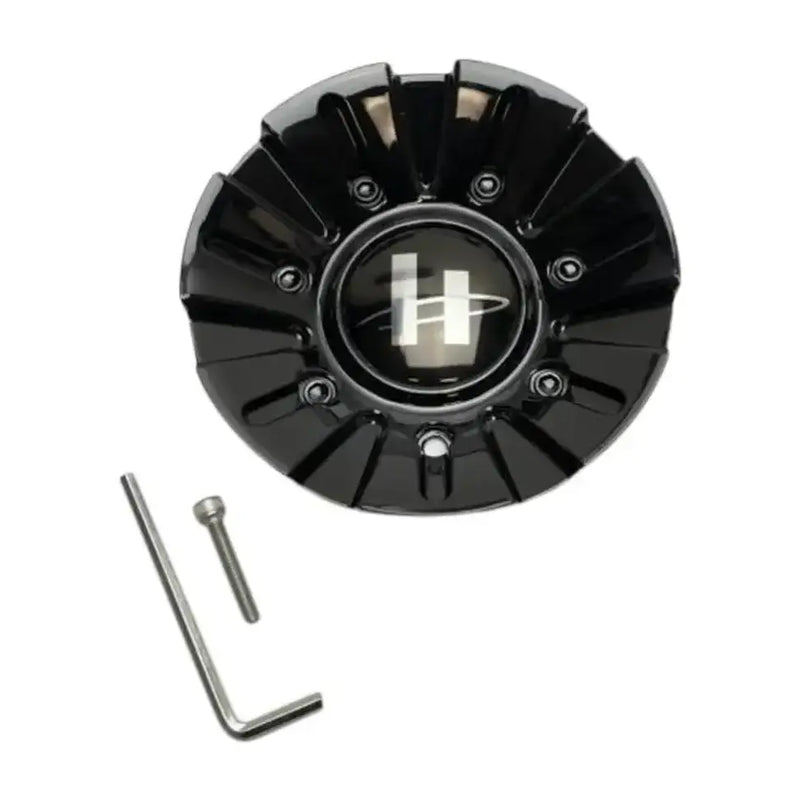 Gloss black Helo wheel cap with black and silver hubcap and white logo