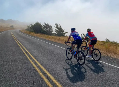 Cyclists on a winding foggy road with Highway 21 header battery display in the background