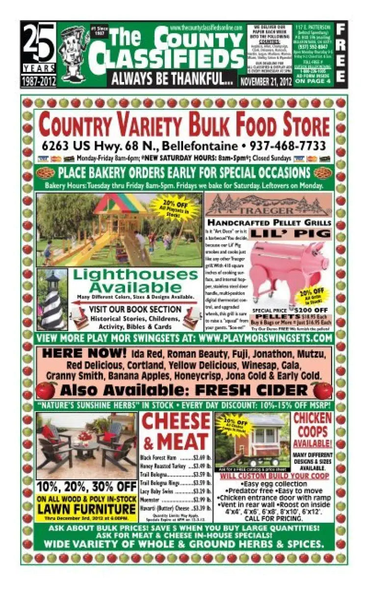 Advertisement for Country Variety Bulk Food Store showcasing Highway 21 489-0100L Hook Gloves Black Lg