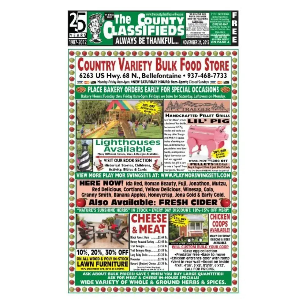 Advertisement for Country Variety Bulk Food Store featuring Highway 21 489-0100S Hook Gloves Black Sm