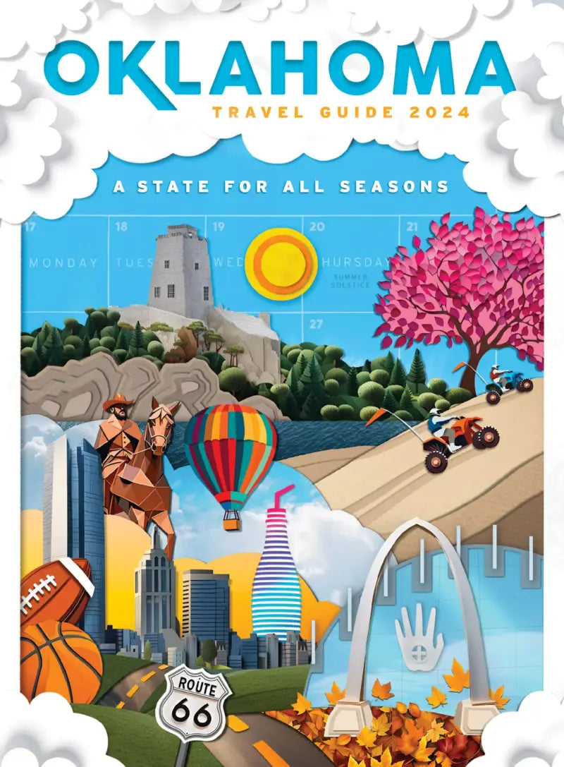Oklahoma travel guide cover with Highway 21 Hook Gloves in genuine goat skin leather