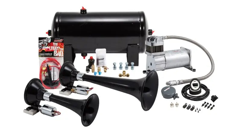 Air horn kit with compressor and tank showcasing HK5 Kleinn Auto HK5 triple horn setup