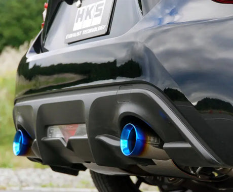 HKS LEGAMAX Sports S-Tail Ti exhaust system on ZN6/ZC6, blue titanium tailpipes.