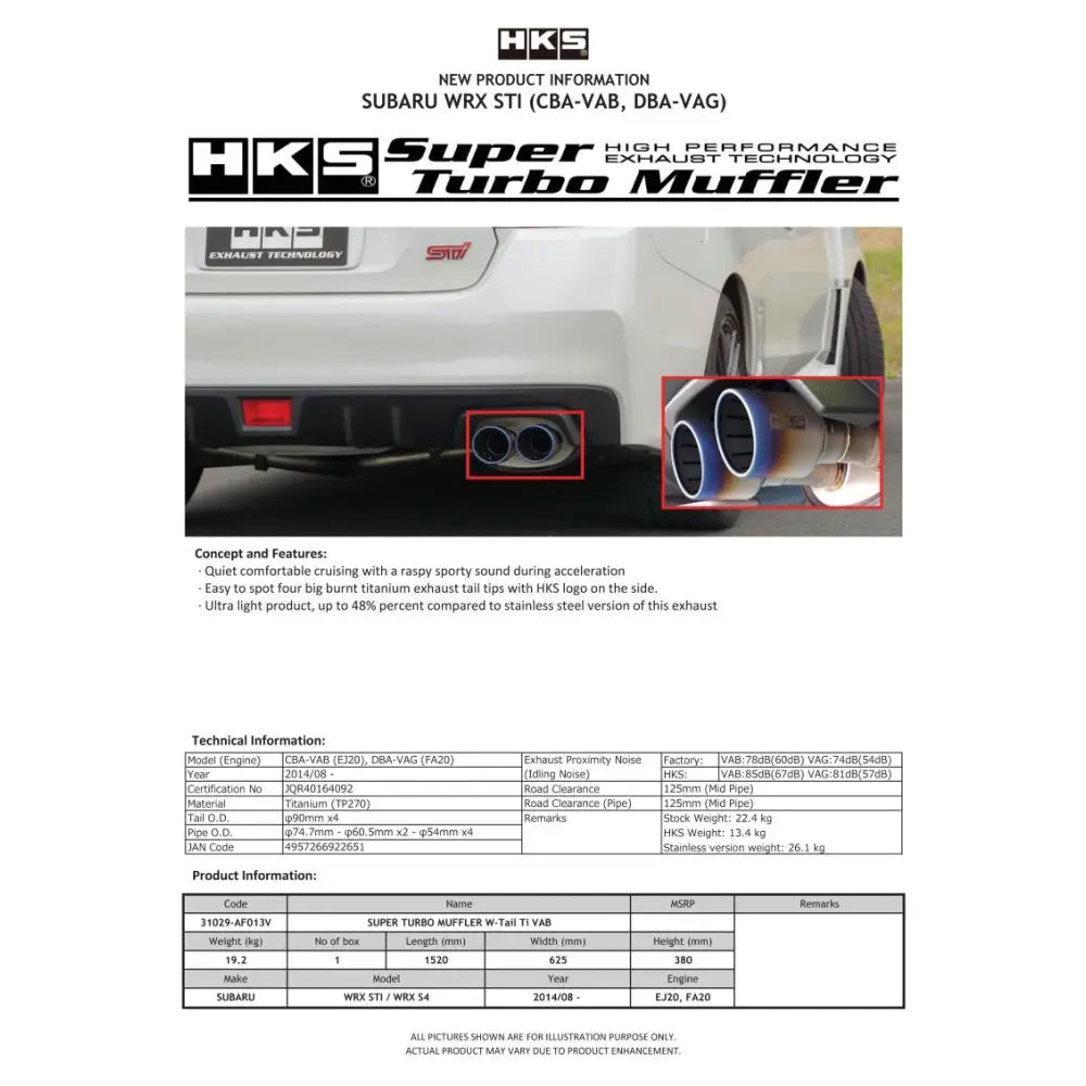 HKS 31029-AF013V HKS SUPER TURBO MUFFLER Ti Subaru VAB WRX STI/VAG WRX S4