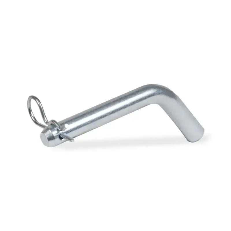 Silver bent metal pin with retaining loop for hitch mount cotter pin driver use