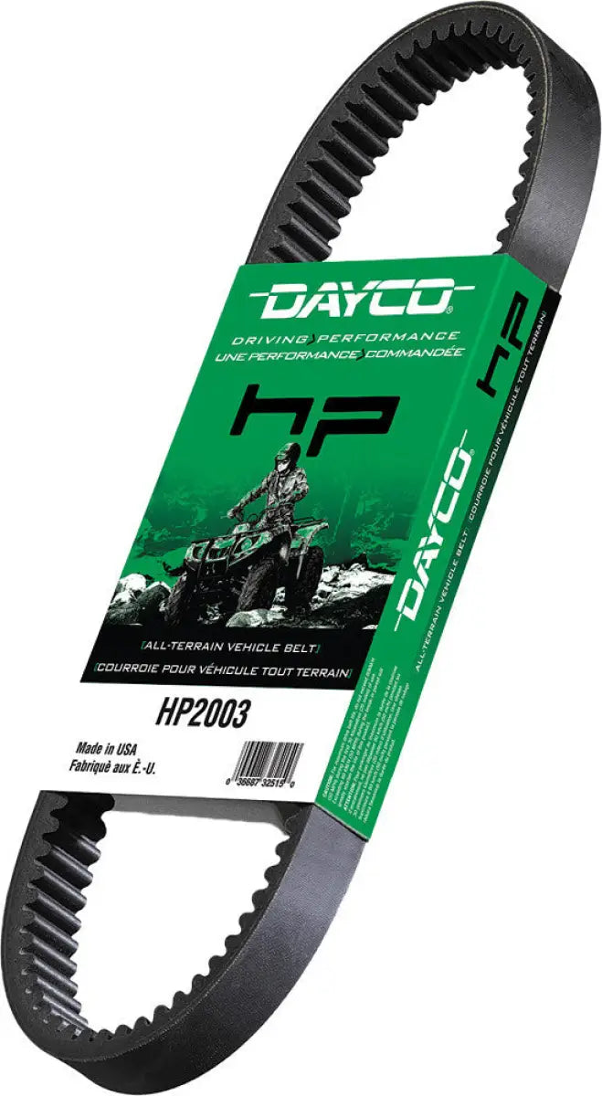 Black ribbed HP2019 HP ATV drive belt with green and white packaging for ATV use