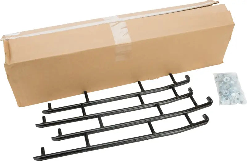 Black metal grill with cardboard box and hardware bag for HSA-9750-20 hard weld runners