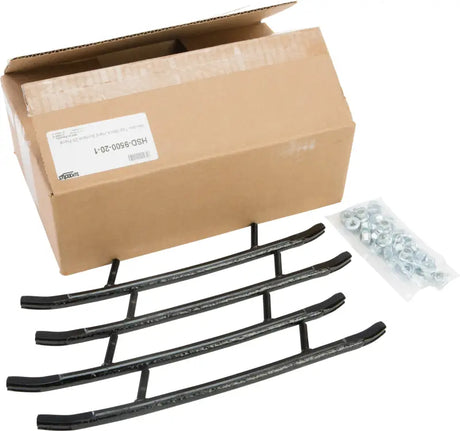 Black metal fireplace grate with hardware, featuring HSD-9600-20 Hard Weld Runners