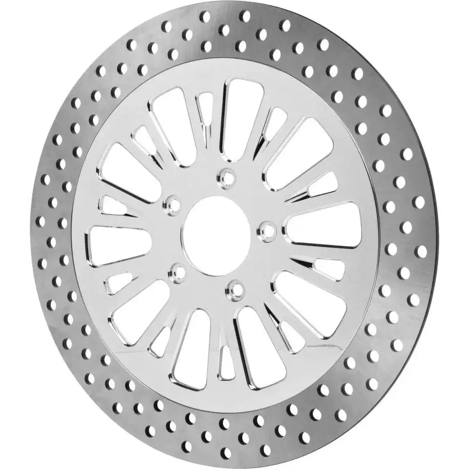 Chrome motorcycle brake rotor with spoked design drilled rim for HAWG HALTERS HTHA-SC-C01