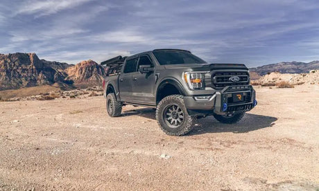 Gray lifted Ford pickup truck.