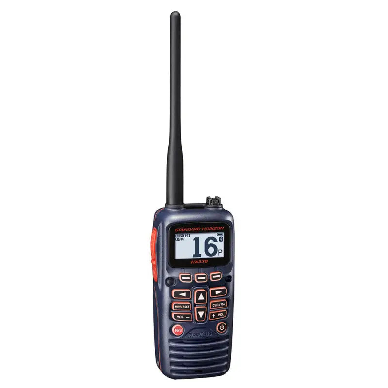 HX320 Standard 6W Floating Handheld VHF Transceiver with long antenna, black body, and orange buttons.