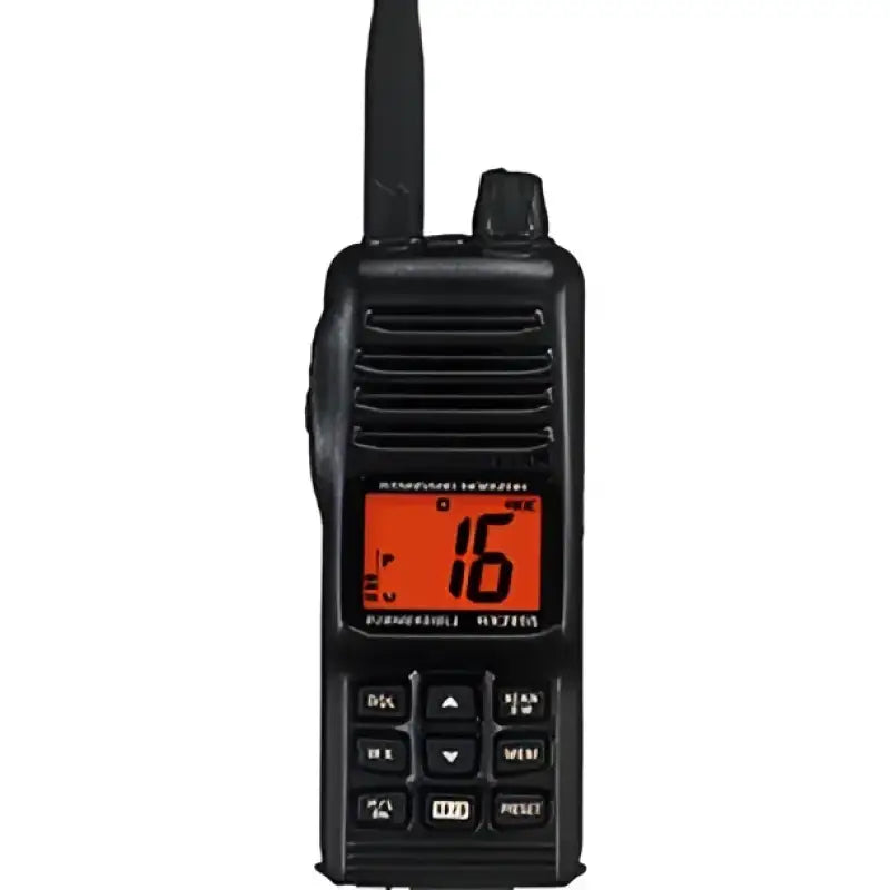 HX380 Standard VHF handheld radio with 5W power and land mobile channel, showing a black rugged design with an orange display screen and user-friendly controls.