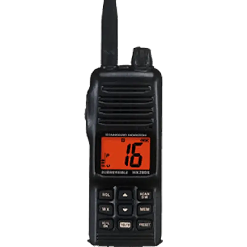 Handheld HX380 Standard VHF-HH 5Watt Radio with Land Mobile Channel, front view showing display and controls.