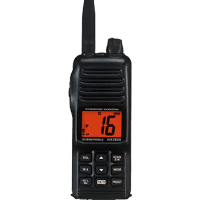 Handheld HX380 Standard VHF-HH 5Watt Radio with Land Mobile Channel, front view showing display and controls.