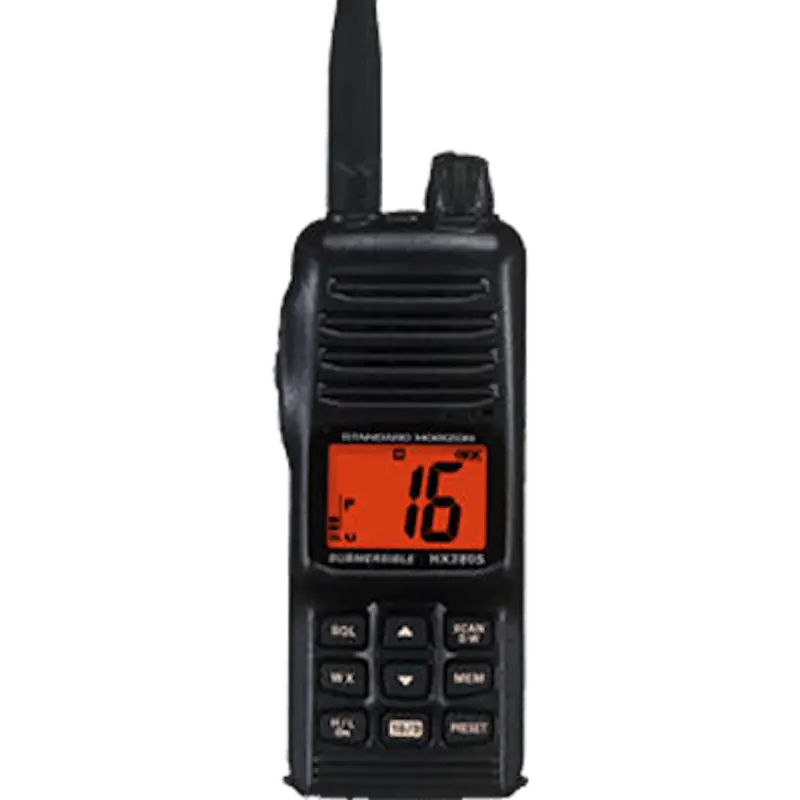 Handheld HX380 Standard VHF-HH 5Watt radio with land mobile channel features, showing digital screen and rugged design.