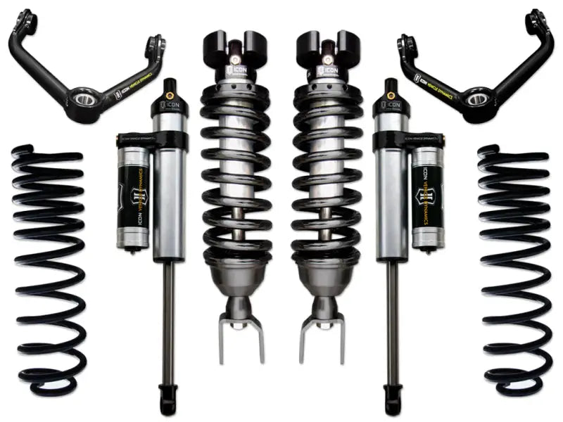 ICON 09-18 Ram 1500 4WD Stage 4 Suspension System with adjustable 2.5” coilover shocks, Eibach coil springs, and ICON 2.5 Series rear shocks.