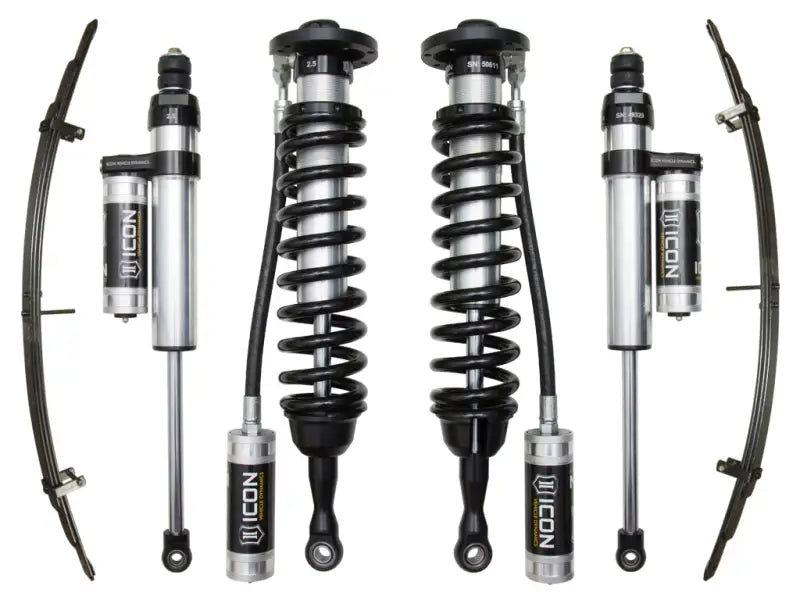 ICON 2007+ Toyota Tundra 1-3in Stage 4 Suspension System with ICON Vehicle Dynamics 2.5” coilover shocks and aluminum piggyback rear shocks.
