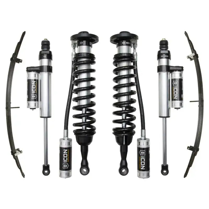 ICON 2007+ Toyota Tundra 1-3in Stage 4 Suspension System with ICON Vehicle Dynamics 2.5” coilover shocks and aluminum piggyback rear shocks.
