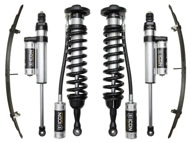 ICON 2007+ Toyota Tundra 1-3in Stage 4 Suspension System with ICON Vehicle Dynamics 2.5” coilover shocks and aluminum piggyback rear shocks.