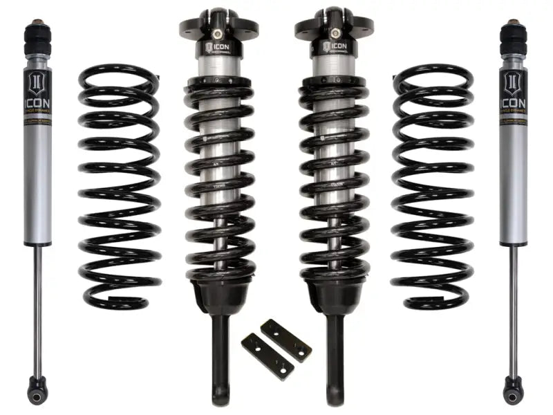 ICON 2010+ Toyota FJ/4Runner 0-3.5in Stage 1 Suspension System components: front coilover shocks, rear 2.0 Aluminum Series shocks, lift rear coil springs and mounting hardware.