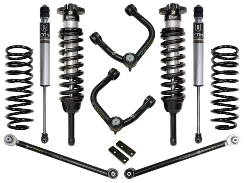 ICON 2010+ Toyota FJ/4Runner 0-3.5in Stage 3 Suspension System featuring Delta Joint technology in upper control arms, shock absorbers, and coil springs.
