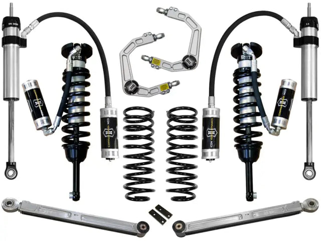 ICON 2010+ Toyota FJ/4Runner 0-3.5in Stage 5 Suspension System w/Billet UCA, featuring heavy-duty components including coilovers, shocks, springs, and upper control arms with Delta Joint technology.