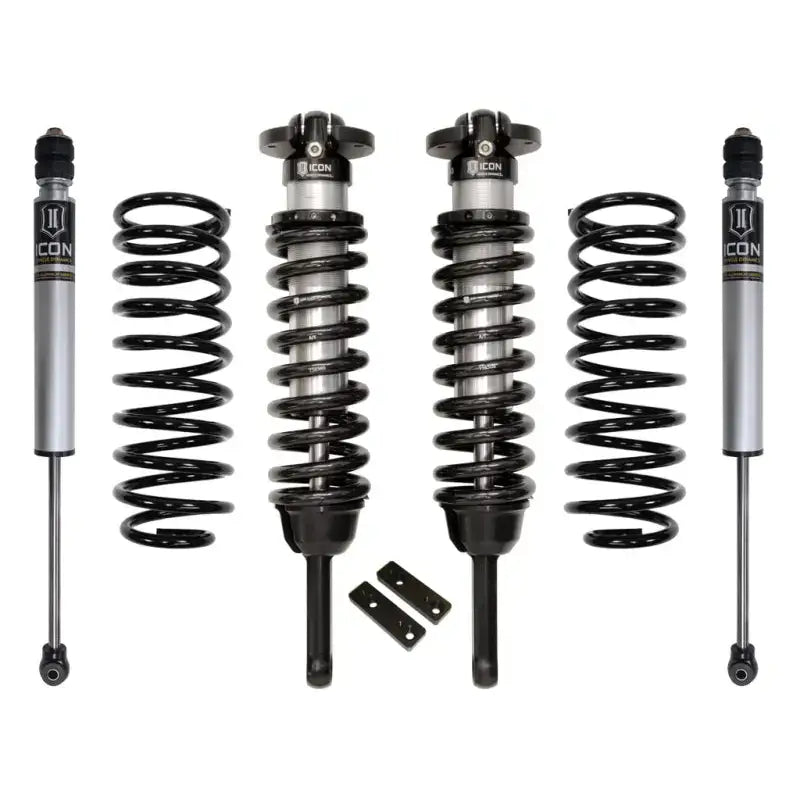 ICON 2010+ Toyota FJ/4Runner 0-3.5in Stage 1 Suspension System components: front coilover shocks, rear 2.0 Aluminum Series shocks, lift rear coil springs and mounting hardware.