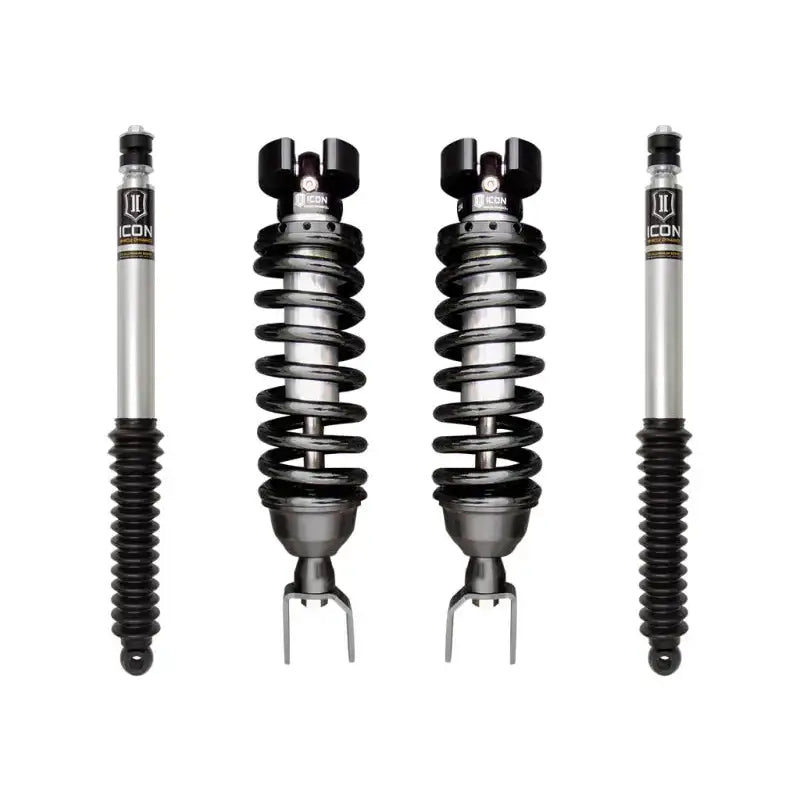 ICON 2019+ Ram 1500 2/4WD .75-2.5in Stage 1 Suspension System components, including 2.5" coilover shocks with internal reservoirs and 2.0 Aluminum Series rear shocks designed for maximum performance and off-road capability.