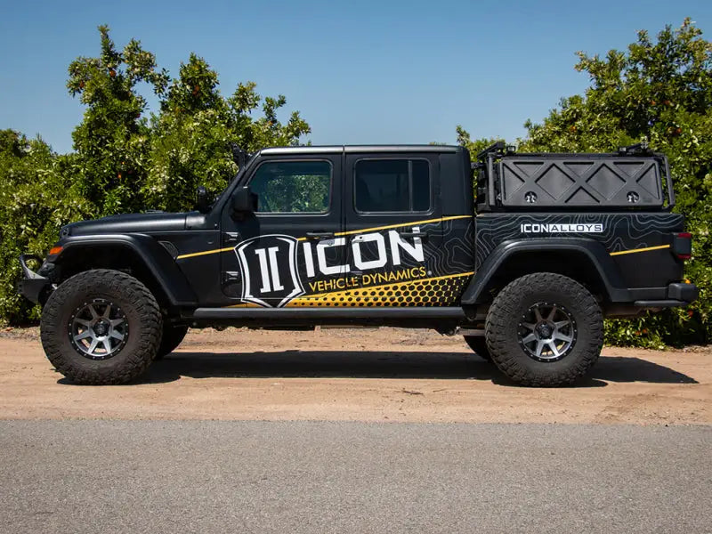 Black Jeep Gladiator JT with ICON Vehicle Dynamics branding, equipped with 2.5" Stage 1 Suspension System.