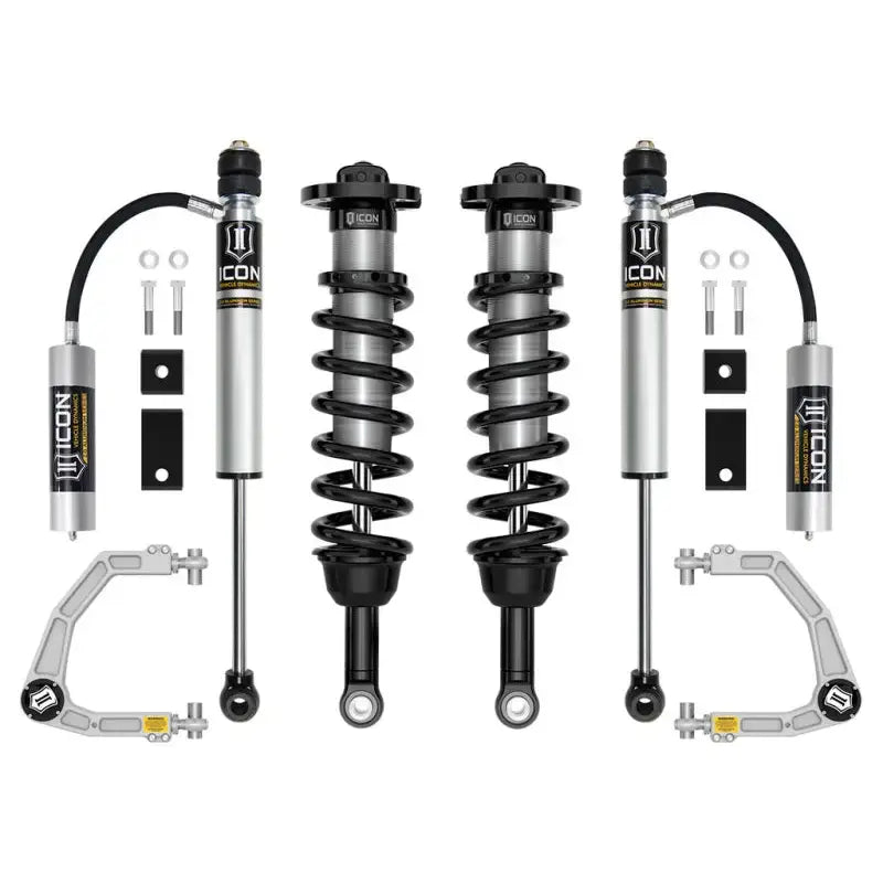 ICON 2022+ Toyota Tundra 1.25-3.5in Stage 5 Suspension System (BILLET), featuring remote reservoir shocks and billet upper control arms designed for enhanced on and off-road performance.