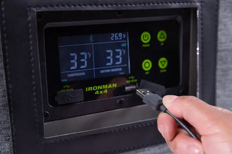 Black Ironman 4x4 control panel on IFRIDGE43LMUSA portable fridge for easy access